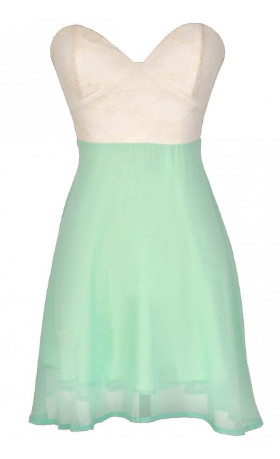 Strapless Floral Lace Bustier Dress in Ivory/Mint